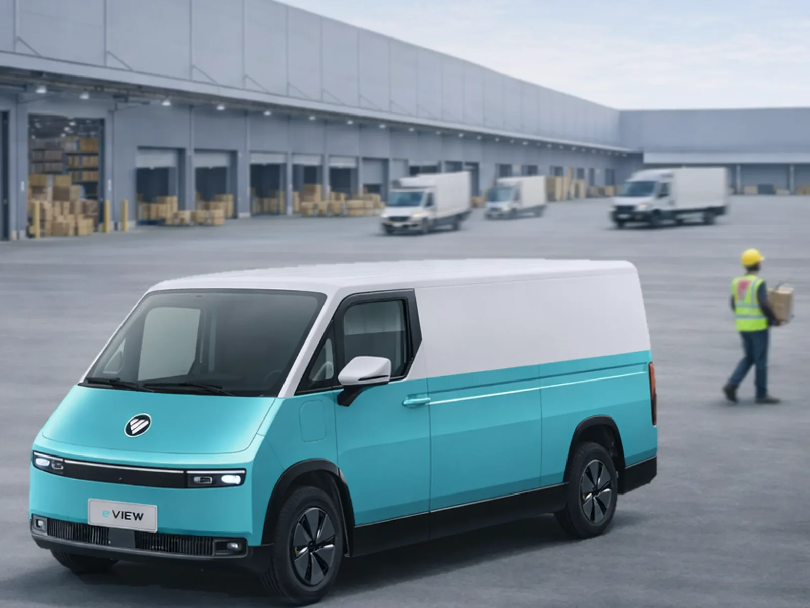 Foton eView Connect azul e branca em pátio de centro de distribuição